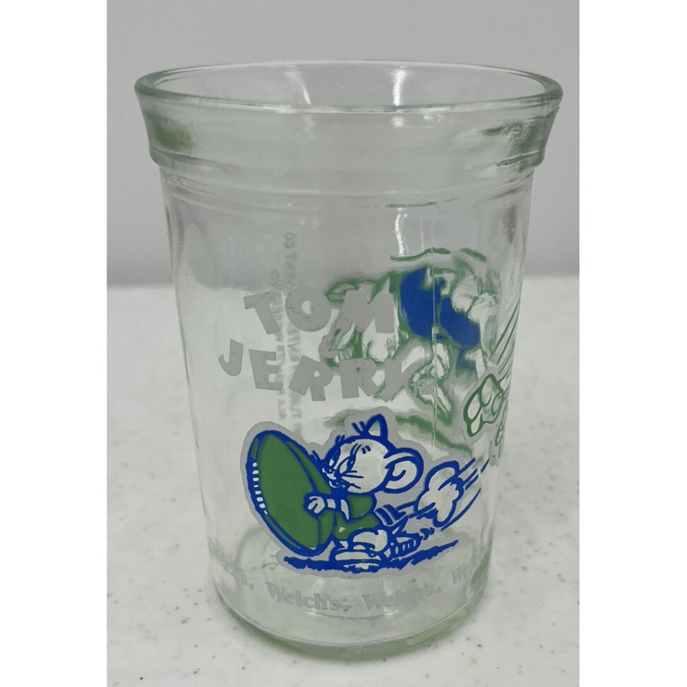 Vintage Welch's Jelly Jar Tom and Jerry Football Juice Jam Glass 4" Inch